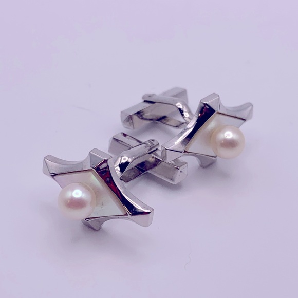 💝 Modernist Sterling Silver Genuine Pearl Cufflinks - Picture 2 of 4